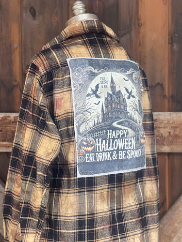 Halloween Series Art Flannel- HAUNTED MANSION Spooky Gold Plaid
